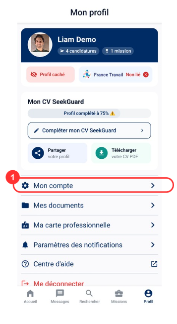 Écran de profil avec l'option 'Mon compte' mise en évidence